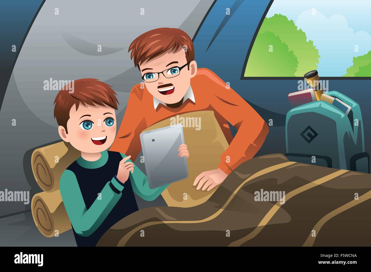 Una illustrazione vettoriale di padre e figlio la lettura di un tablet PC in una tenda da campeggio Illustrazione Vettoriale