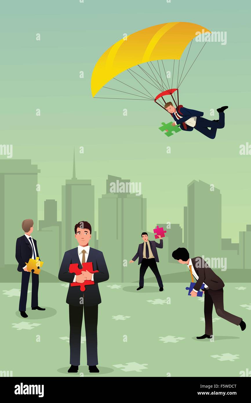 Una illustrazione vettoriale di imprenditore con un paracadute tenendo un pezzo del puzzle per il concetto di lavoro di squadra Illustrazione Vettoriale