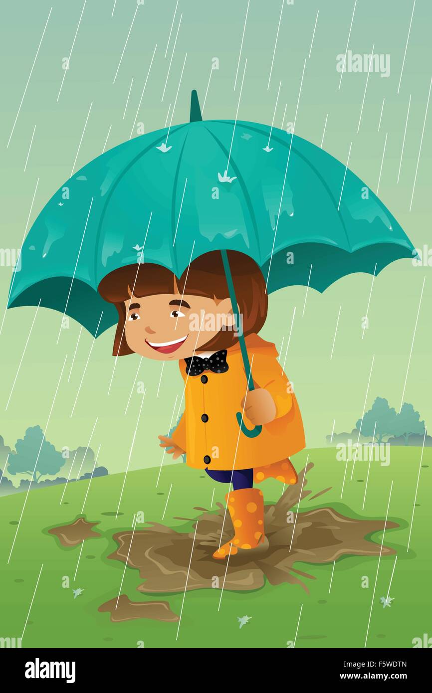 Una illustrazione vettoriale della ragazza con ombrello e impermeabile a giocare nel fango Illustrazione Vettoriale