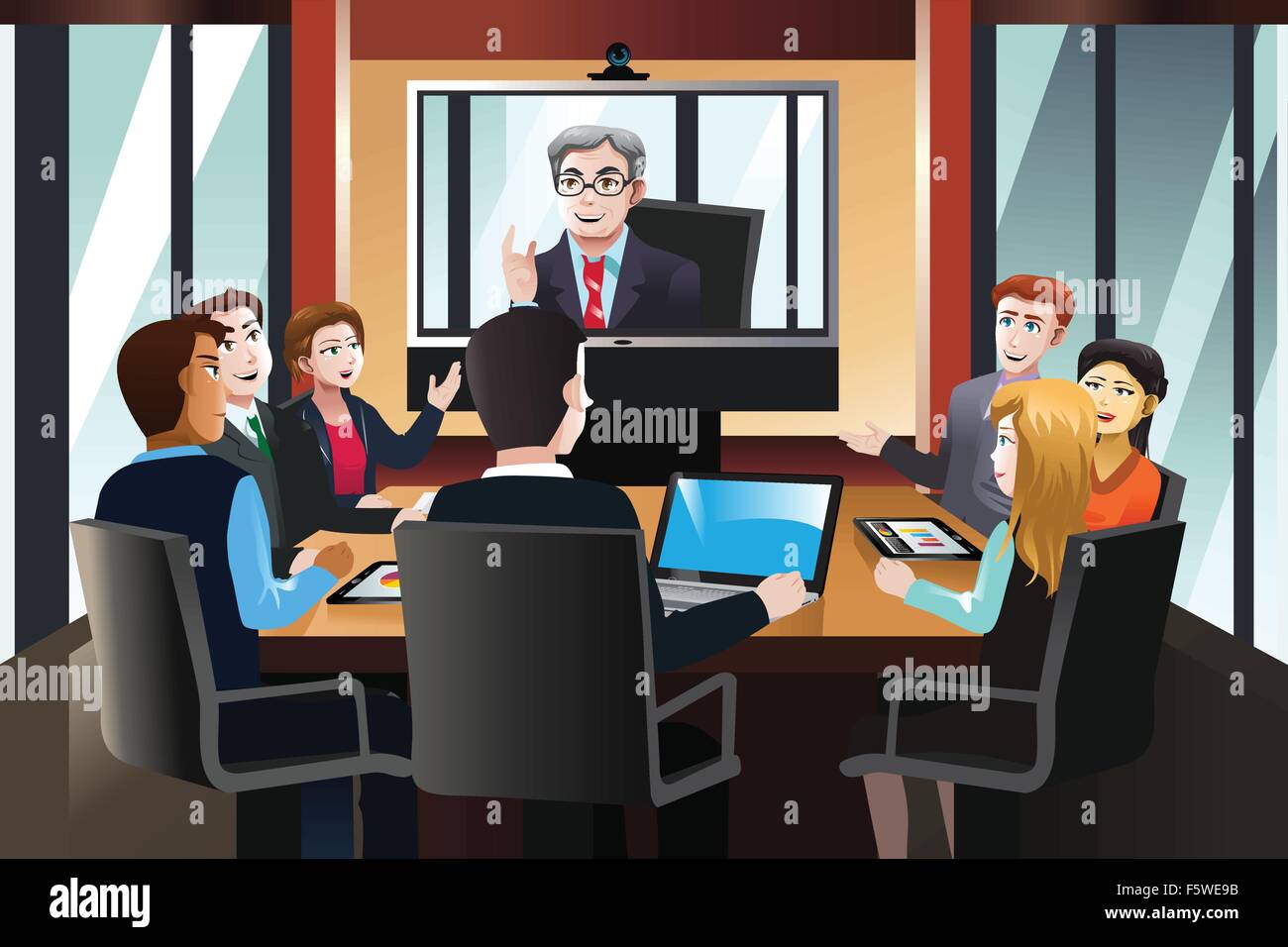 Una illustrazione vettoriale di gente di affari in una video conferenza in ufficio Illustrazione Vettoriale