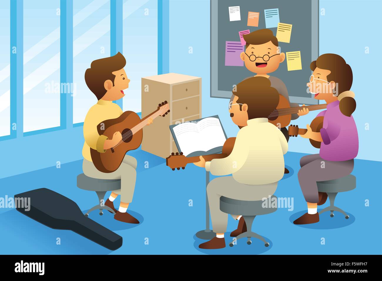 Una illustrazione vettoriale di adulti in una classe di chitarra Illustrazione Vettoriale