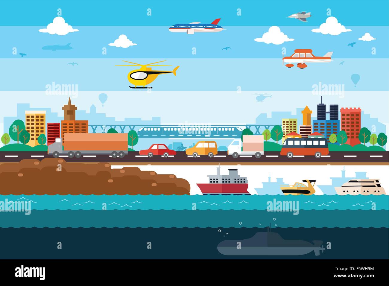 Una illustrazione vettoriale di diversi mezzi di trasporto della città Illustrazione Vettoriale