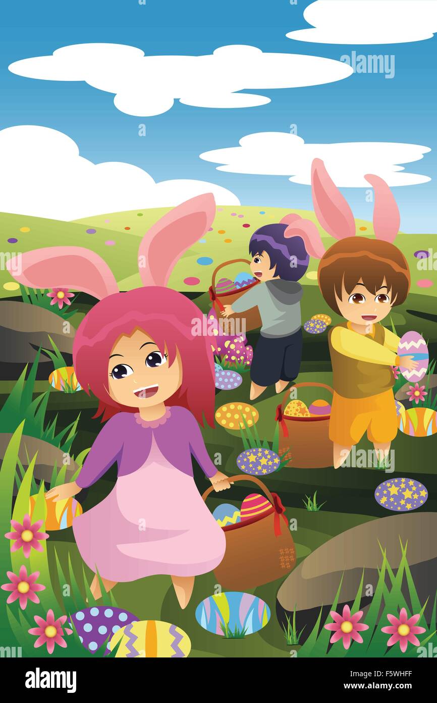 Una illustrazione vettoriale di bambini che celebrano la Pasqua andando su un uovo di Pasqua Caccia Illustrazione Vettoriale