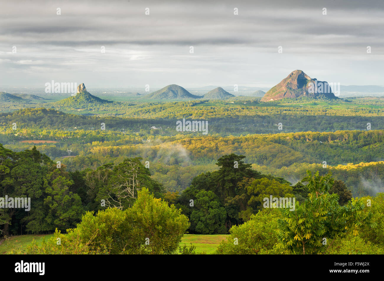 La casa di vetro montagne con Mt Beerwah e Mt Coonowrin. Foto Stock