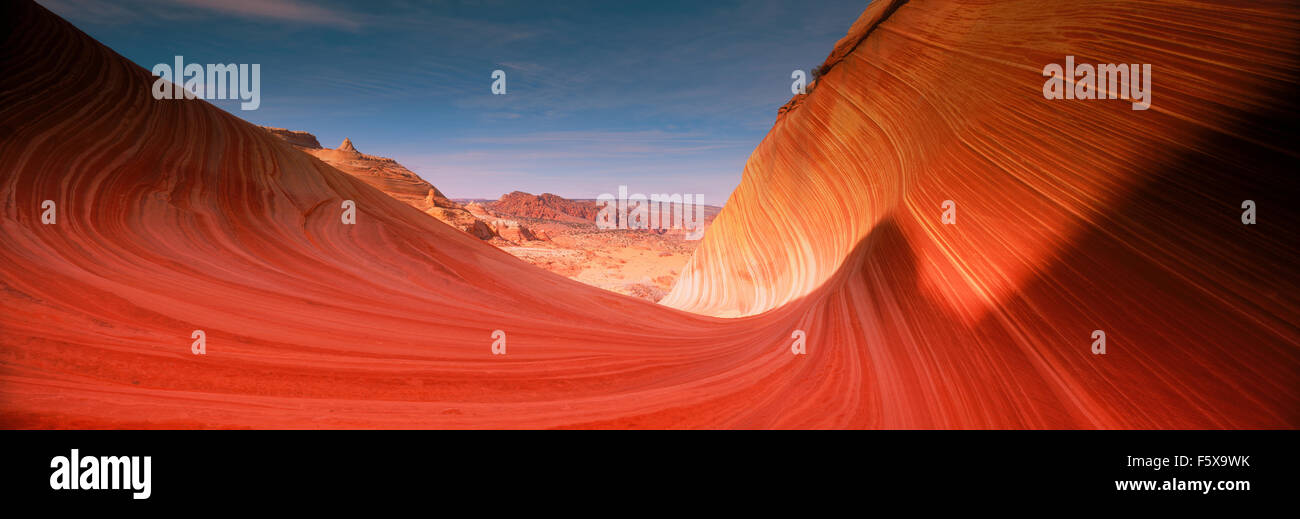 Panoramica Panoramica di Vermillion Cliffs a Paria Canyon deserto in Arizona all'alba Foto Stock
