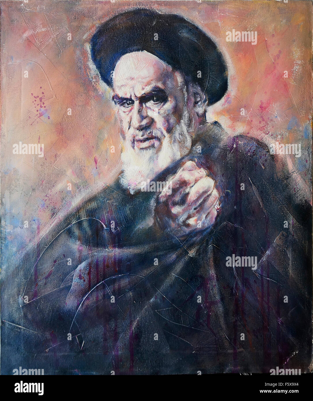 Ritratto in oli dell'Ayatollah Ruhollah Khomeini fatto per le Point France. Foto Stock