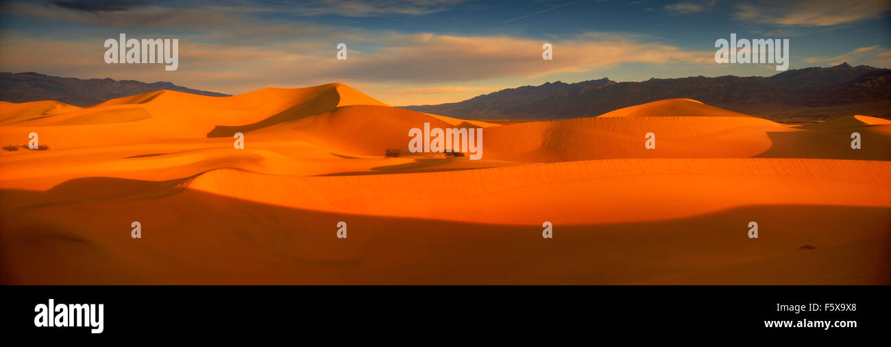 Panoramica Panoramica di ombre attraverso le dune di sabbia in condizioni di scarsa luce dell'alba nella Death Valley, California Foto Stock