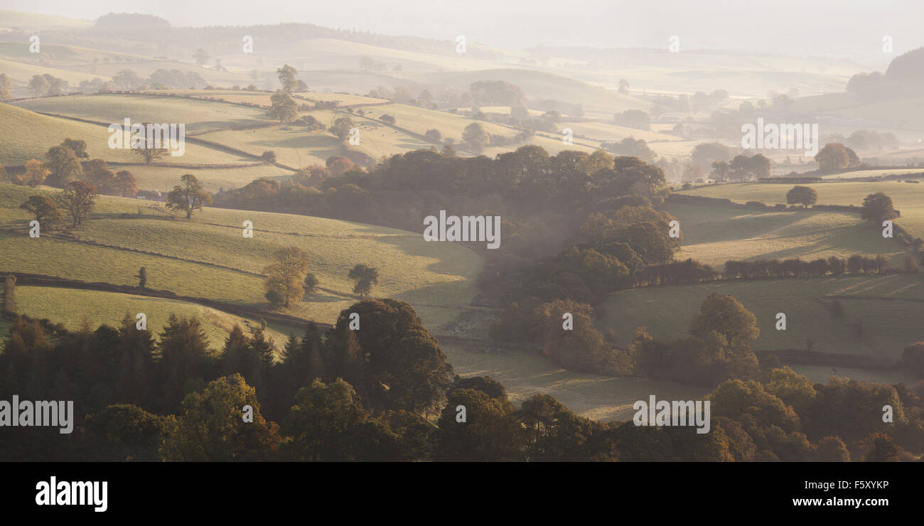 Le colline e la campagna della Burton In Lonsdale, dalla cicatrice Newbiggin, Newbiggin, Burton in Lonsdale, Cumbria, Regno Unito Foto Stock