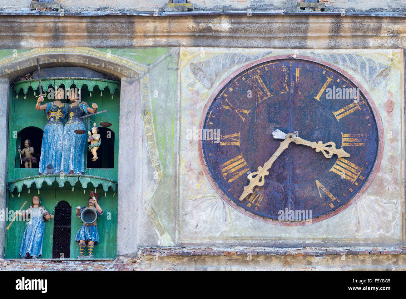 Dettagli dalla torre dell Orologio nella città medievale di Sighisoara, Transilvania, Romania. Foto Stock