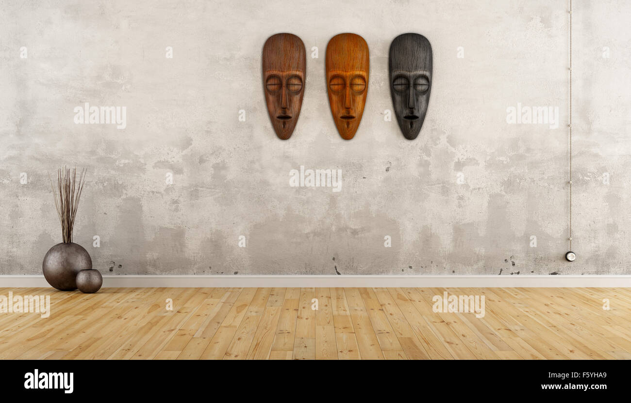 Vuoto camera vintage in stile etnico con maschere africane sul muro - il rendering 3D Foto Stock