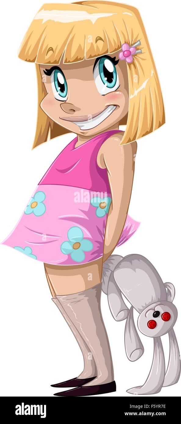 Una illustrazione vettoriale di una piccola ragazza in un abito rosa tenendo un coniglio ripieno bambola dietro la schiena e sorridente. Illustrazione Vettoriale