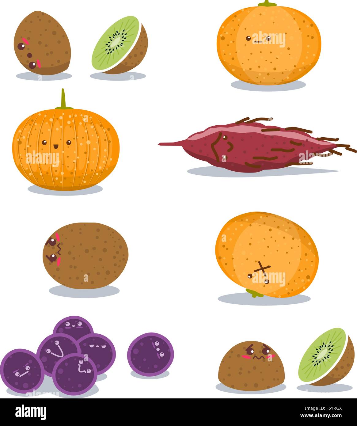 Un pacco di illustrazione vettoriale delle uve la patata dolce kiwi e arancio in pose divertenti. Illustrazione Vettoriale