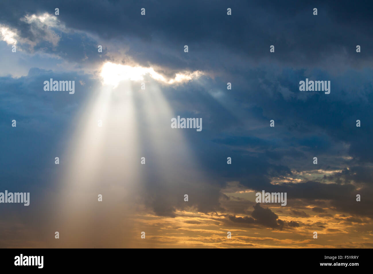 Sun Ray luce attraverso giù dalla pioggia durante il tramonto Foto Stock