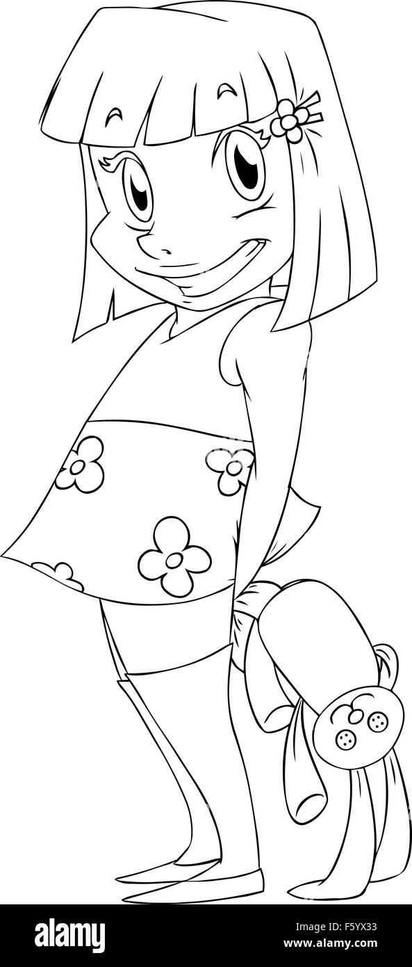 Una illustrazione vettoriale pagina di colorazione di una piccola ragazza con una bambola di coniglio dietro la schiena e sorridente. Illustrazione Vettoriale