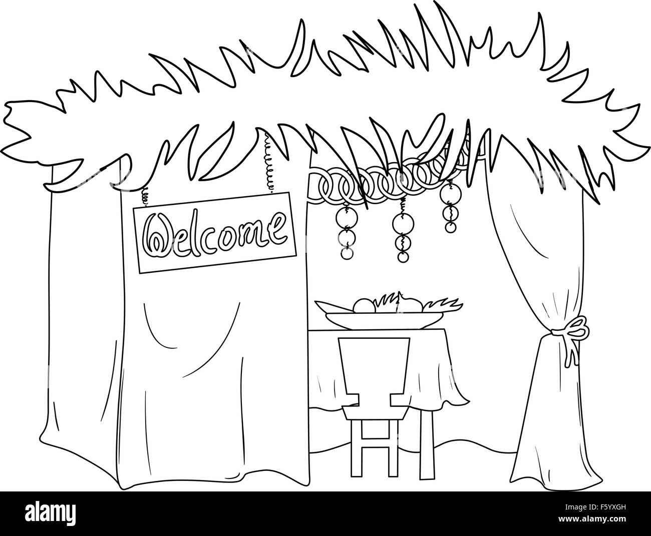Una illustrazione vettoriale pagina di colorazione di una Sukkah decorate con ornamenti per la festa ebraica Sukkot. Illustrazione Vettoriale