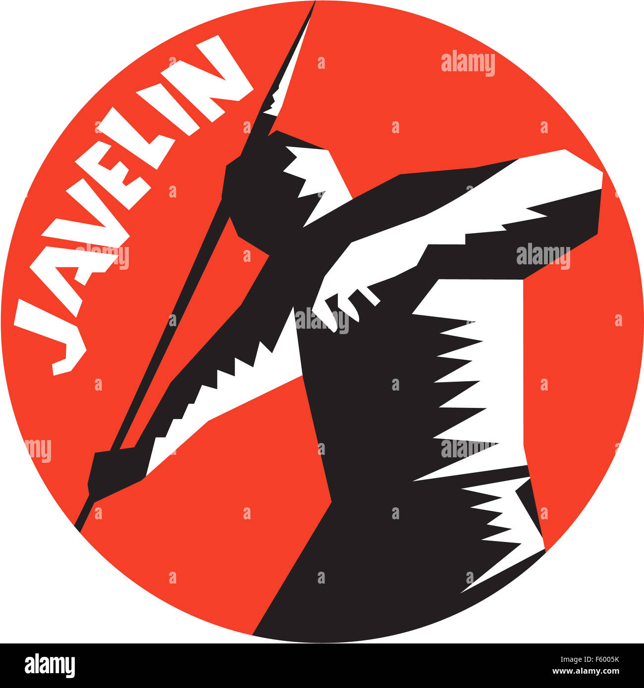 Illustrazione di una pista e campo atleta giavellotto rivolto verso la parte anteriore impostato all'interno del cerchio con la parola Javelin in background fatto rétro xilografia stile. Foto Stock
