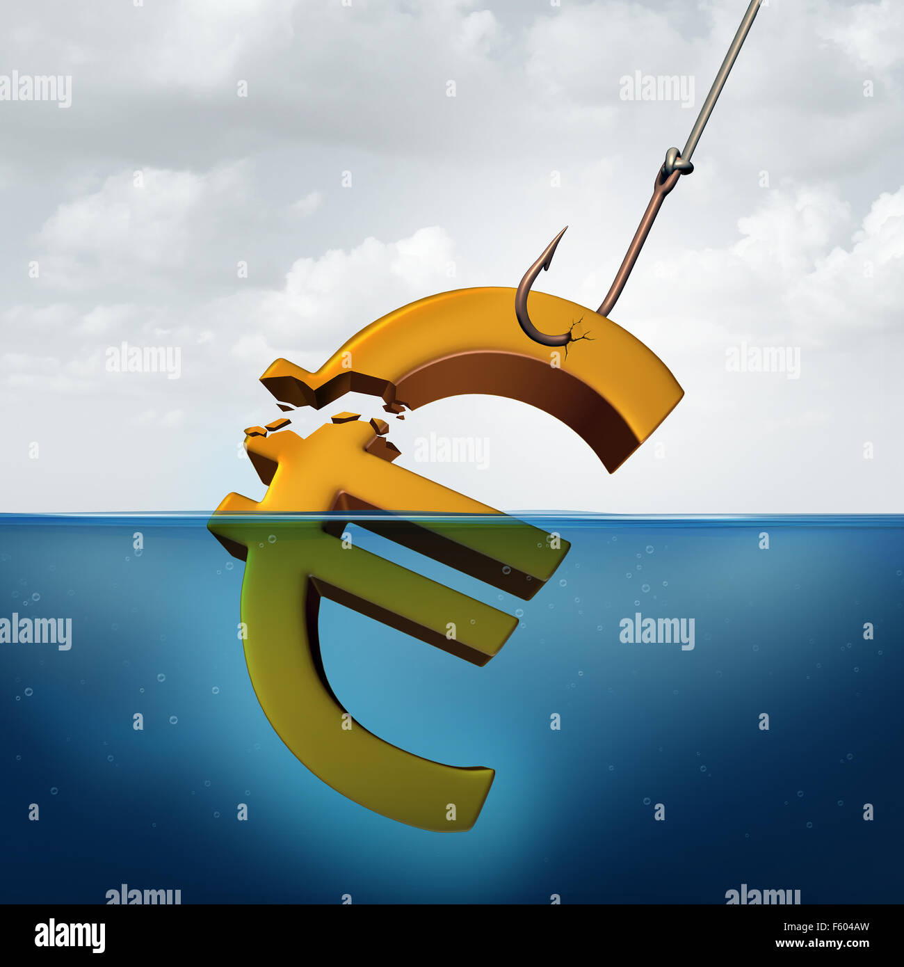 Tassa europea concetto e ritorna inferiore business idea come un tridimensionale valuta Euro sign in acqua con un amo da pesca Foto Stock