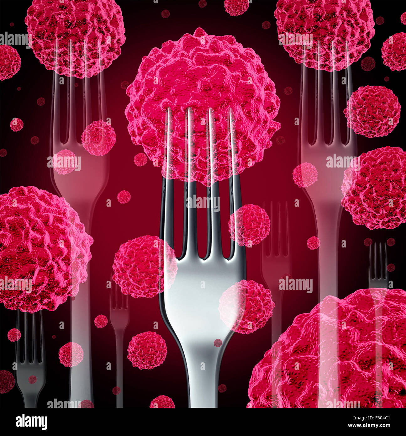 Alimentare il concetto di cancro come un gruppo di cellule cancerose con cena forche come una dieta rischio sanitario metafora per il pericolo. Foto Stock