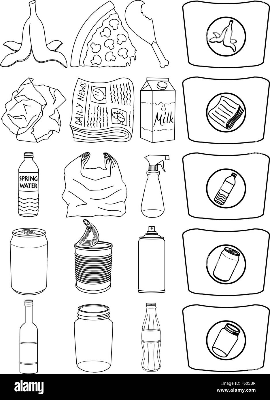 Illustrazione Vettoriale pack di organico carta di plastica di alluminio e  gli oggetti di vetro per il riciclaggio Immagine e Vettoriale - Alamy