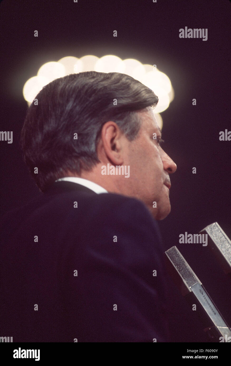 Helmut Schmidt è in piedi presso l'altoparlante alla scrivania. Il lampadario sopra la sua testa assomiglia a una corona o un alogeno. Immagine non datata da circa 1975. Foto Stock