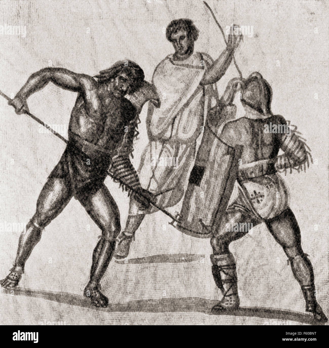 Due gladiatori di pratica. Loro trainer sta dietro dando loro istruzioni. Dopo un mosaico romano. Foto Stock