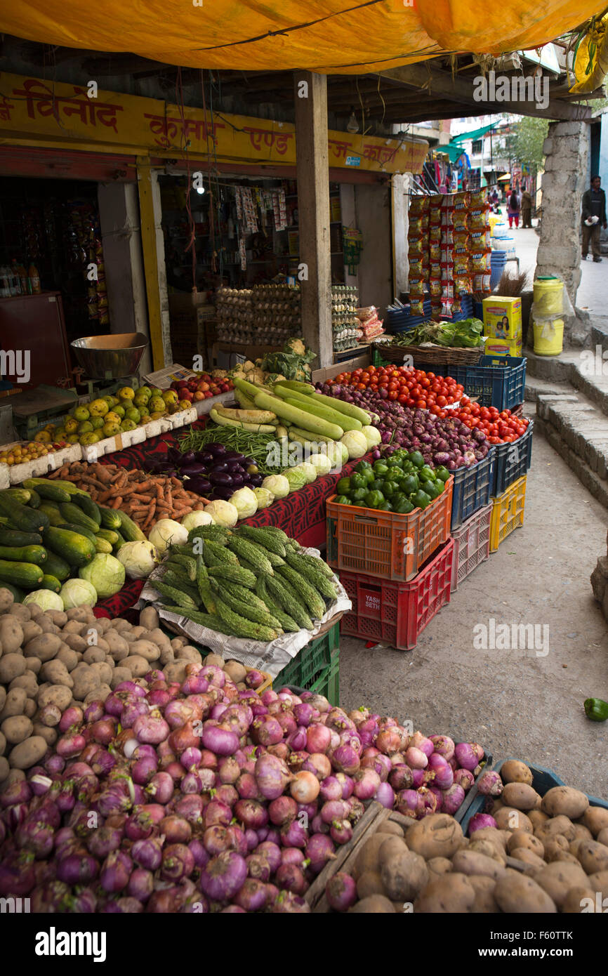 India, Himachal Pradesh, Spiti, Kaza, new town bazaar, ben rifornito di stallo vegetale Foto Stock