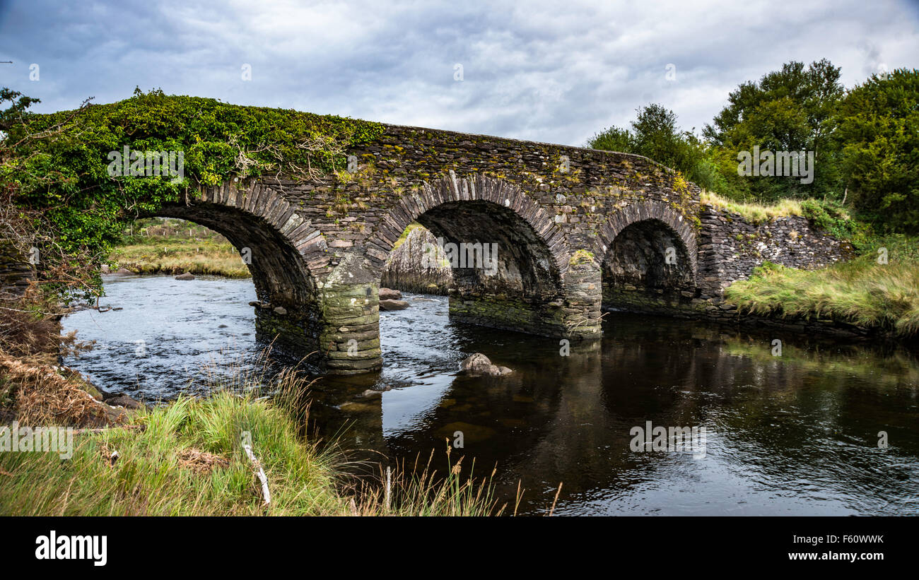 Il vecchio ponte sul fiume Drunminboy su una strada senza nome vicino a Lauragh Contea di Kerry in Irlanda. Foto Stock