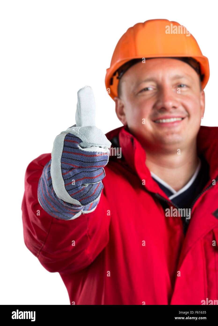 Felice lavoratore isolato su bianco Foto Stock