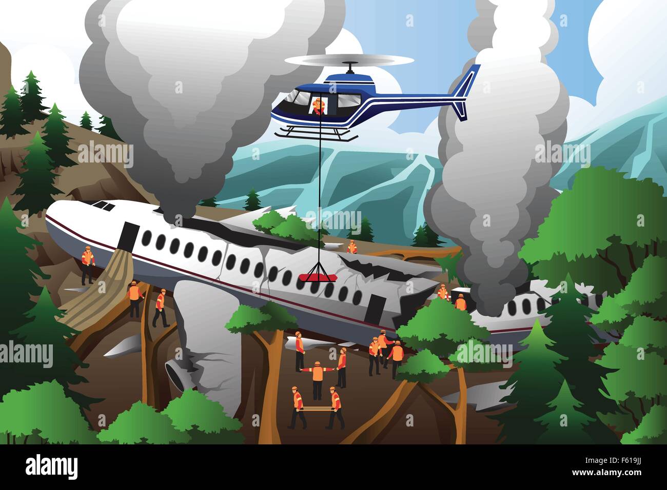 Una illustrazione vettoriale delle squadre di salvataggio ricerca attraverso distrutto aereo Illustrazione Vettoriale