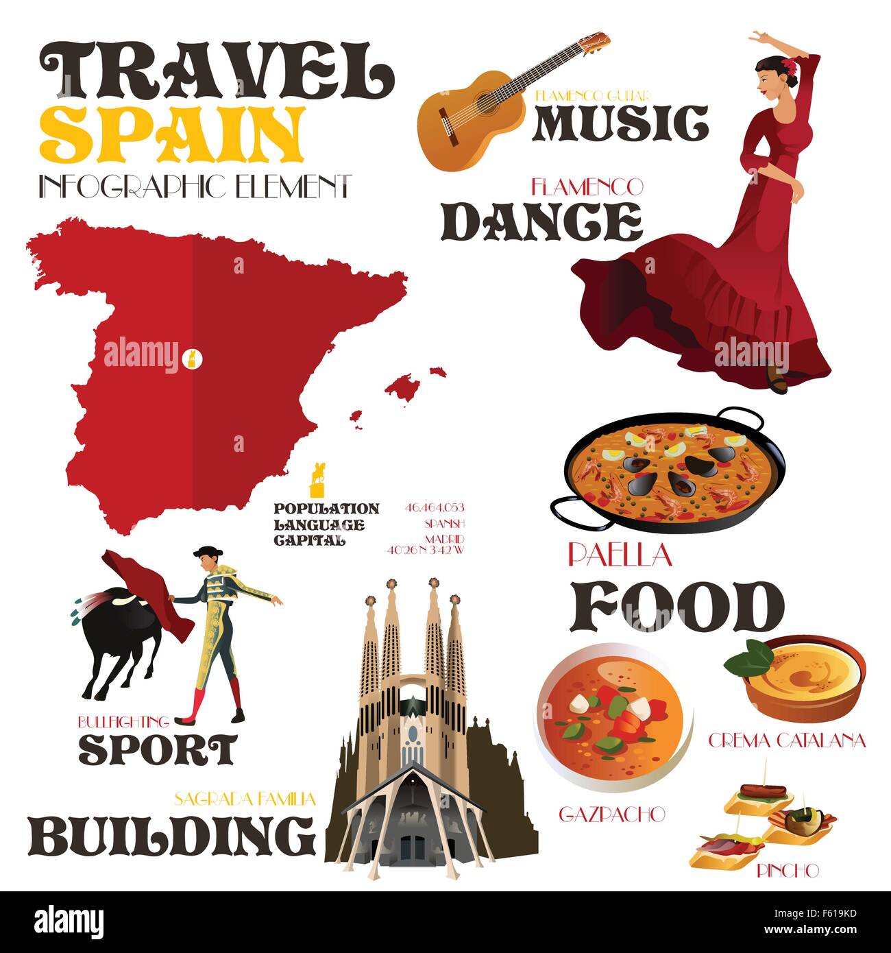 Una illustrazione vettoriale di elementi infografico per viaggiare in Spagna Illustrazione Vettoriale