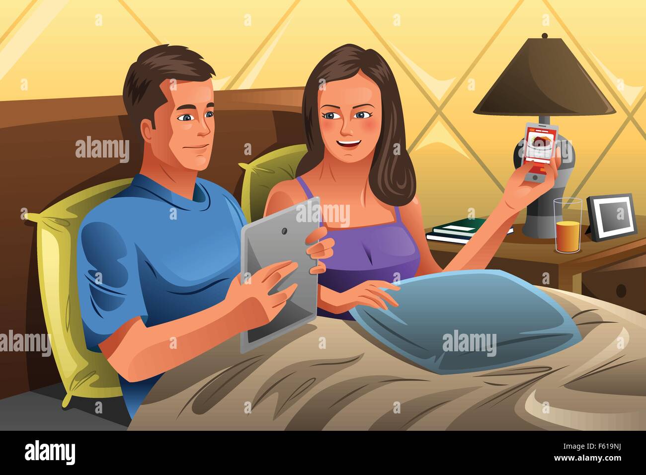 Una illustrazione vettoriale di coppia utilizzando la tecnologia sul letto Illustrazione Vettoriale