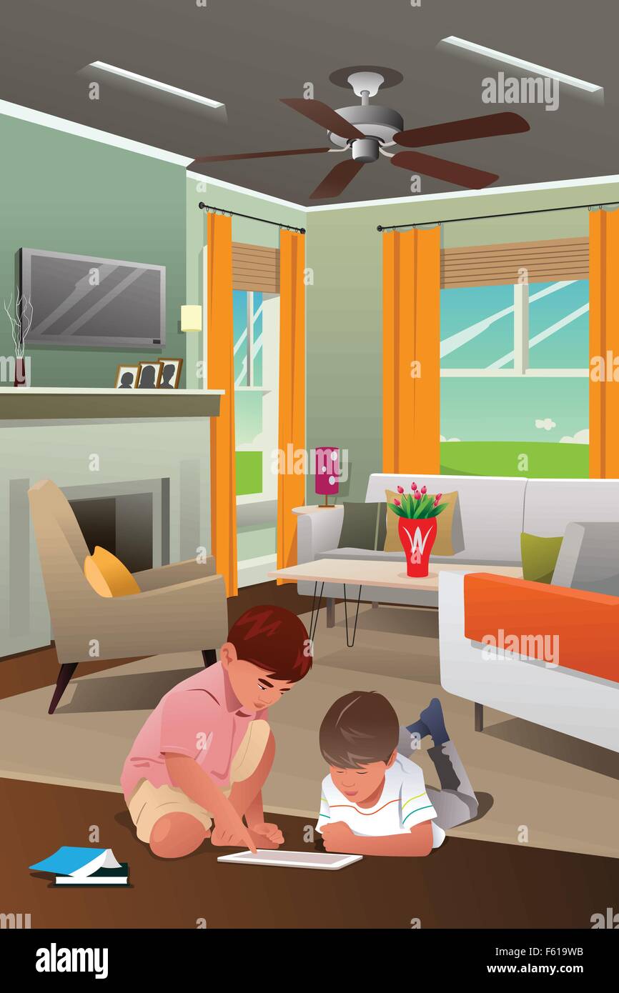 Una illustrazione vettoriale di ragazzi piccoli giocando con il tablet PC in salotto Illustrazione Vettoriale