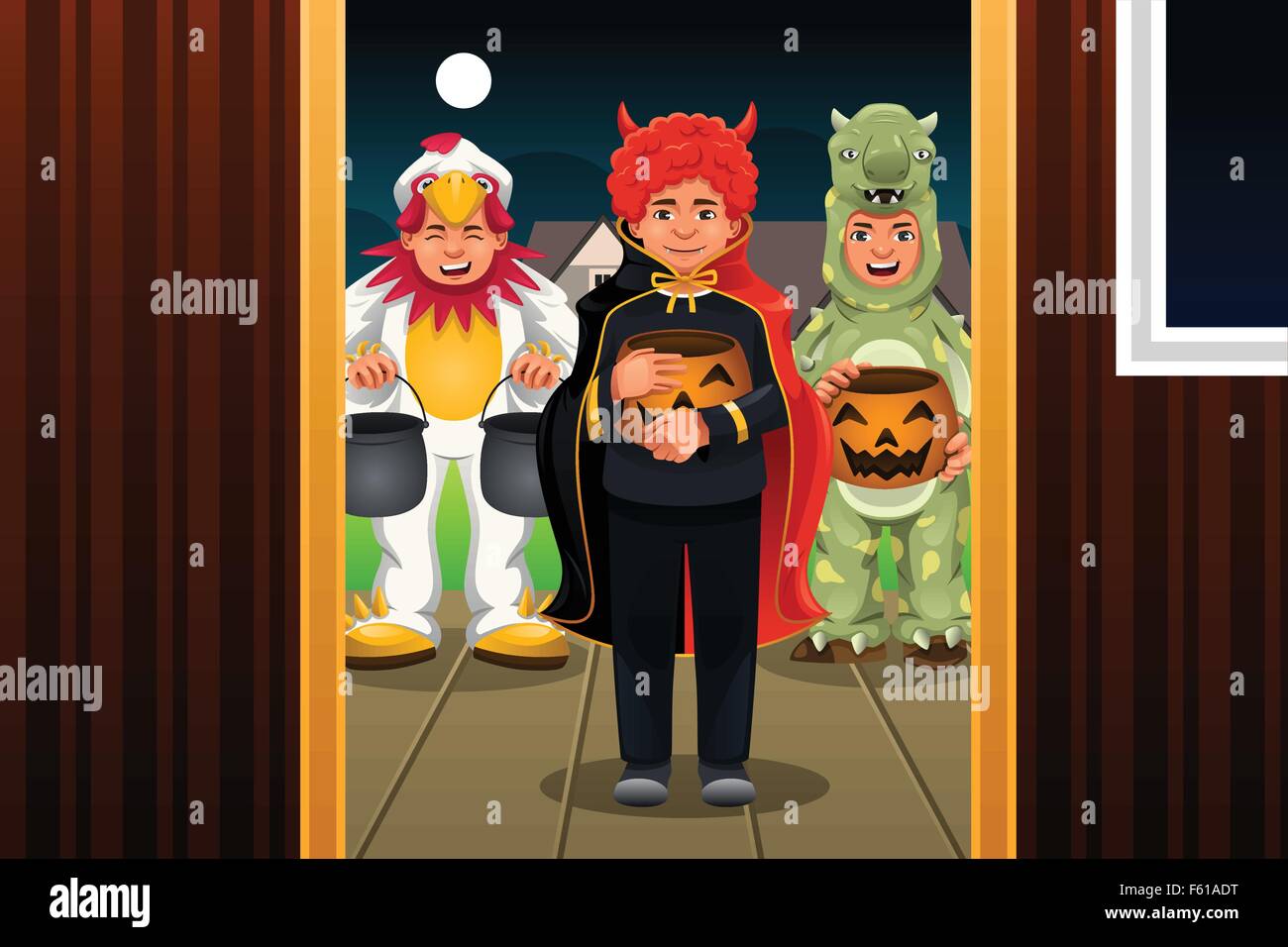 Una illustrazione vettoriale di bambini piccoli che indossano costumi di Halloween di andare fuori a Dolcetto o scherzetto Illustrazione Vettoriale