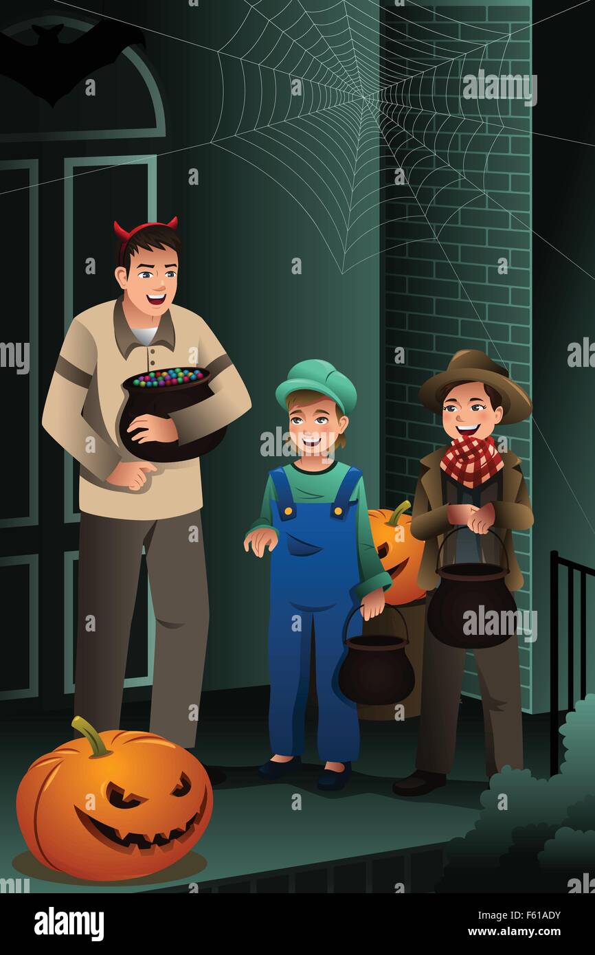 Una illustrazione vettoriale di bambini piccoli che indossano costumi di Halloween di andare fuori a Dolcetto o scherzetto Illustrazione Vettoriale