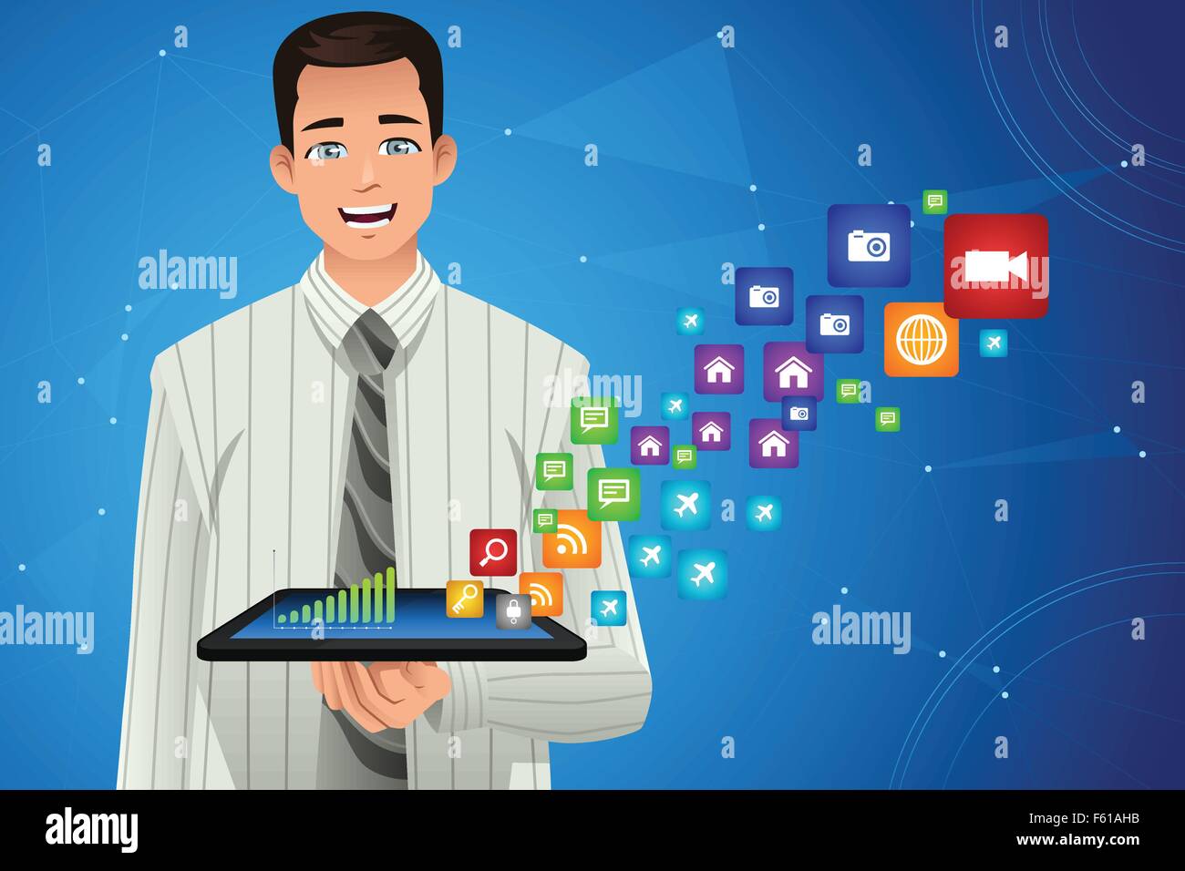 Una illustrazione vettoriale di imprenditore che mostra le icone multimediali dal suo tablet Illustrazione Vettoriale