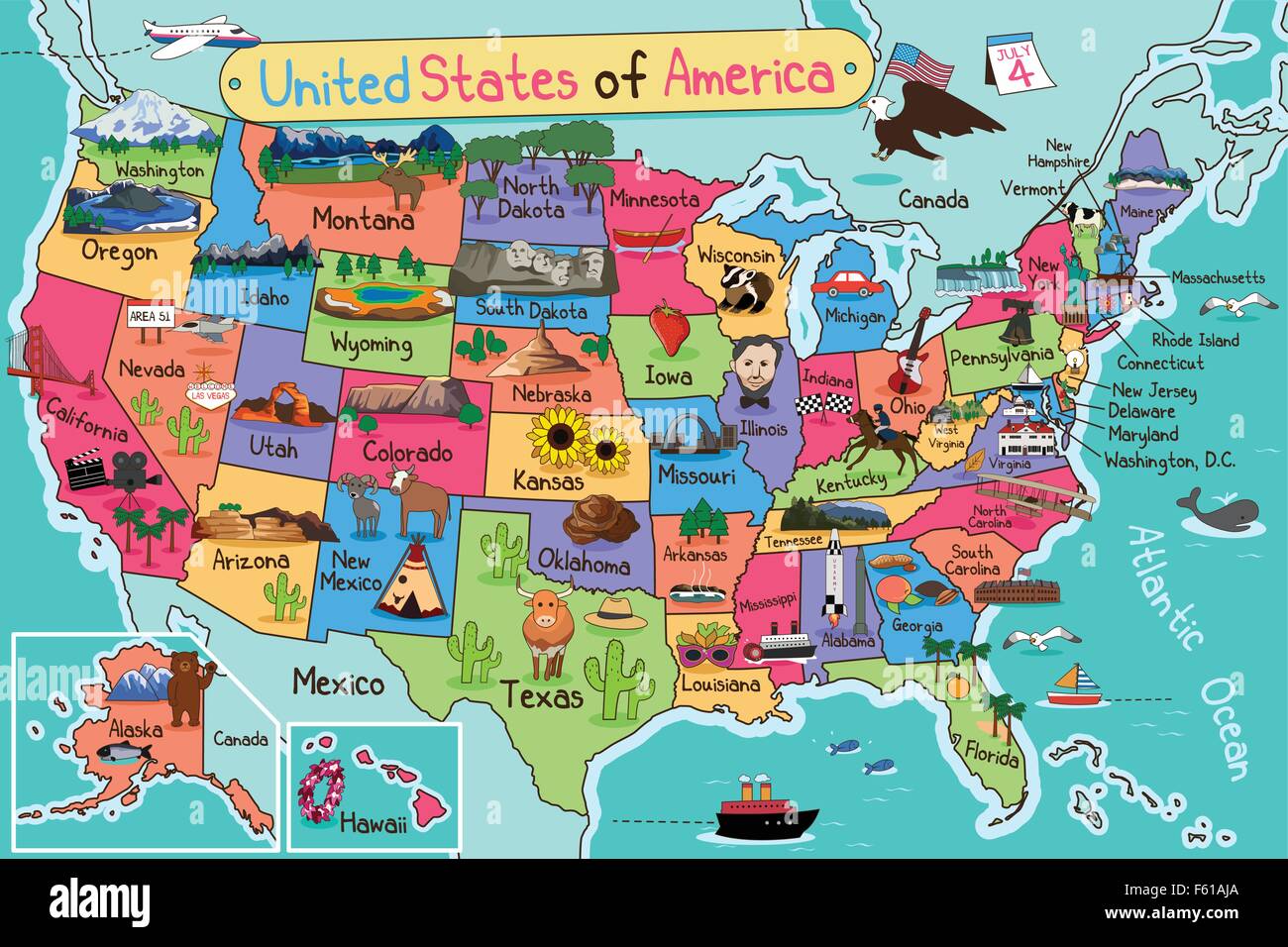 Una illustrazione vettoriale di Usa mappa in stile cartoon Illustrazione Vettoriale