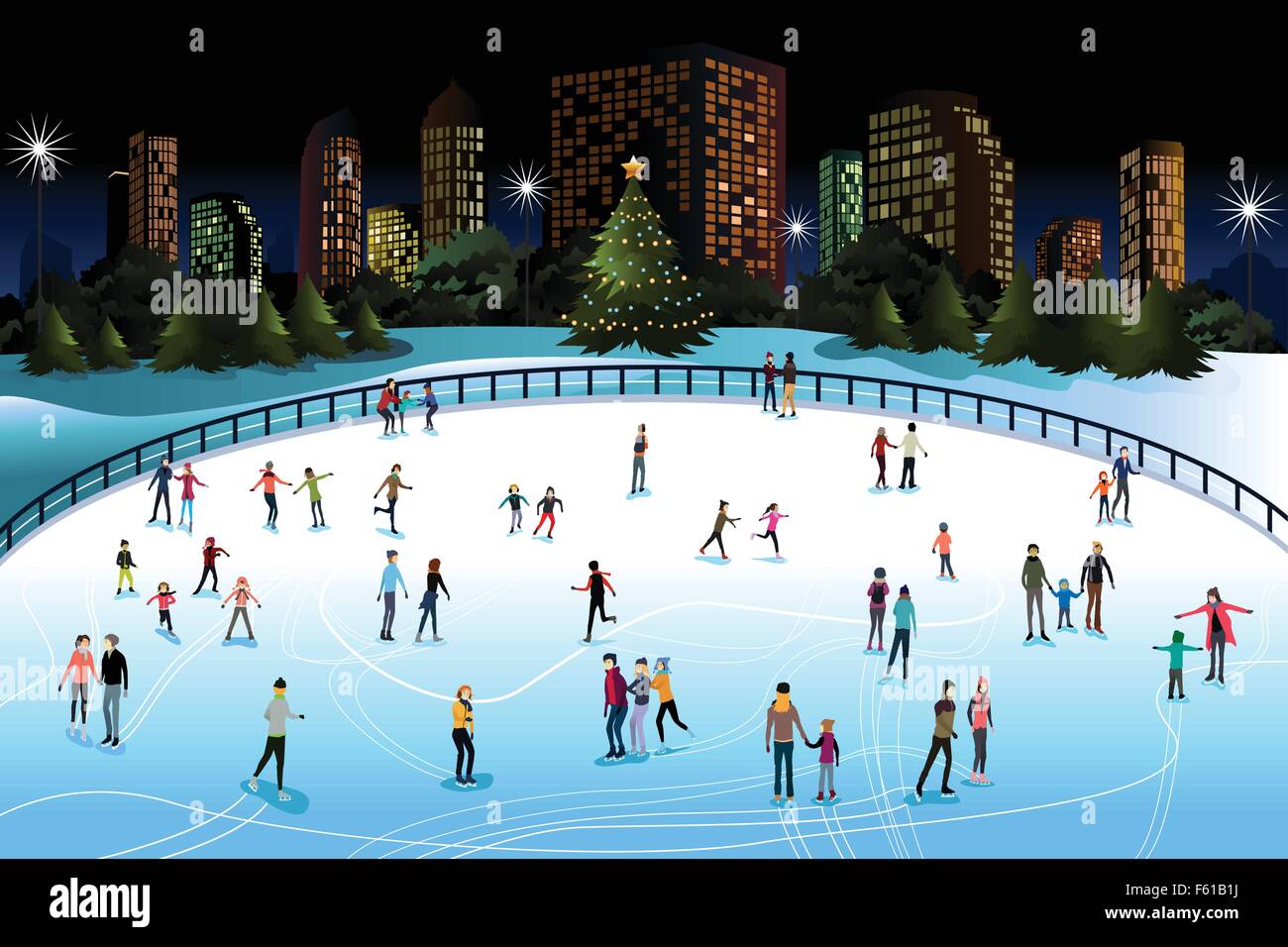 Una illustrazione vettoriale di persone sci outdoor in città Illustrazione Vettoriale