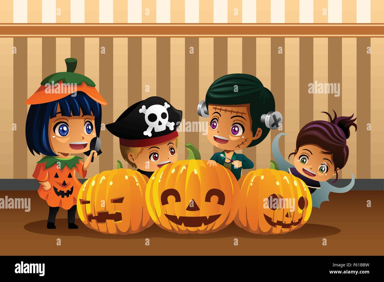 Una illustrazione vettoriale di bambini piccoli che indossano costumi di Halloween Illustrazione Vettoriale