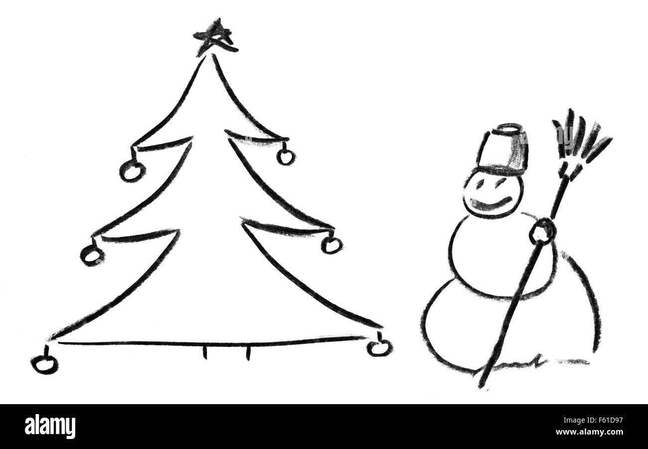 Schizzo a matita di albero di Natale con ornamenti e pupazzo di neve Foto Stock