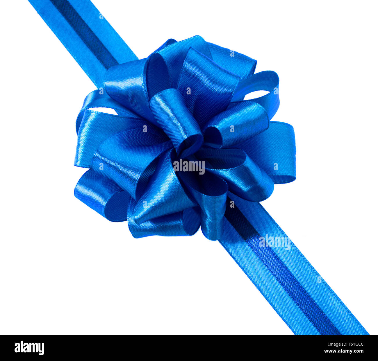 Festosa dono blu ribbon e bow isolati su sfondo bianco intaglio Foto Stock