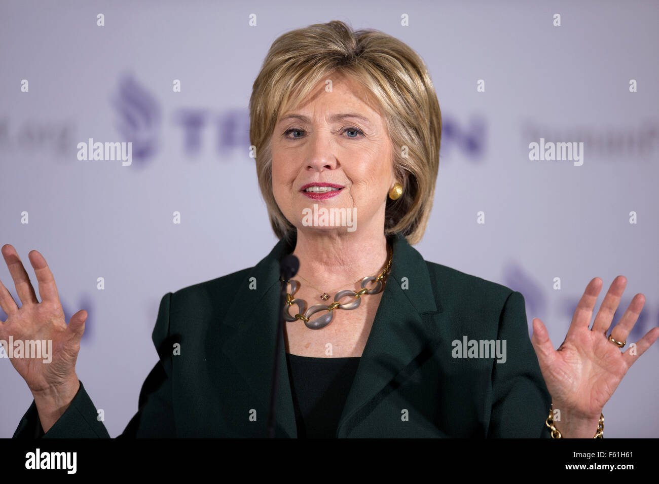 Derry, New Hampshire, Stati Uniti d'America. 10 Novembre, 2015. Il candidato presidenziale HILLARY CLINTON parla a un progetto di Truman veterani Tavola Rotonda presso la sala VFW. Credito: Brian Cahn/ZUMA filo/Alamy Live News Foto Stock