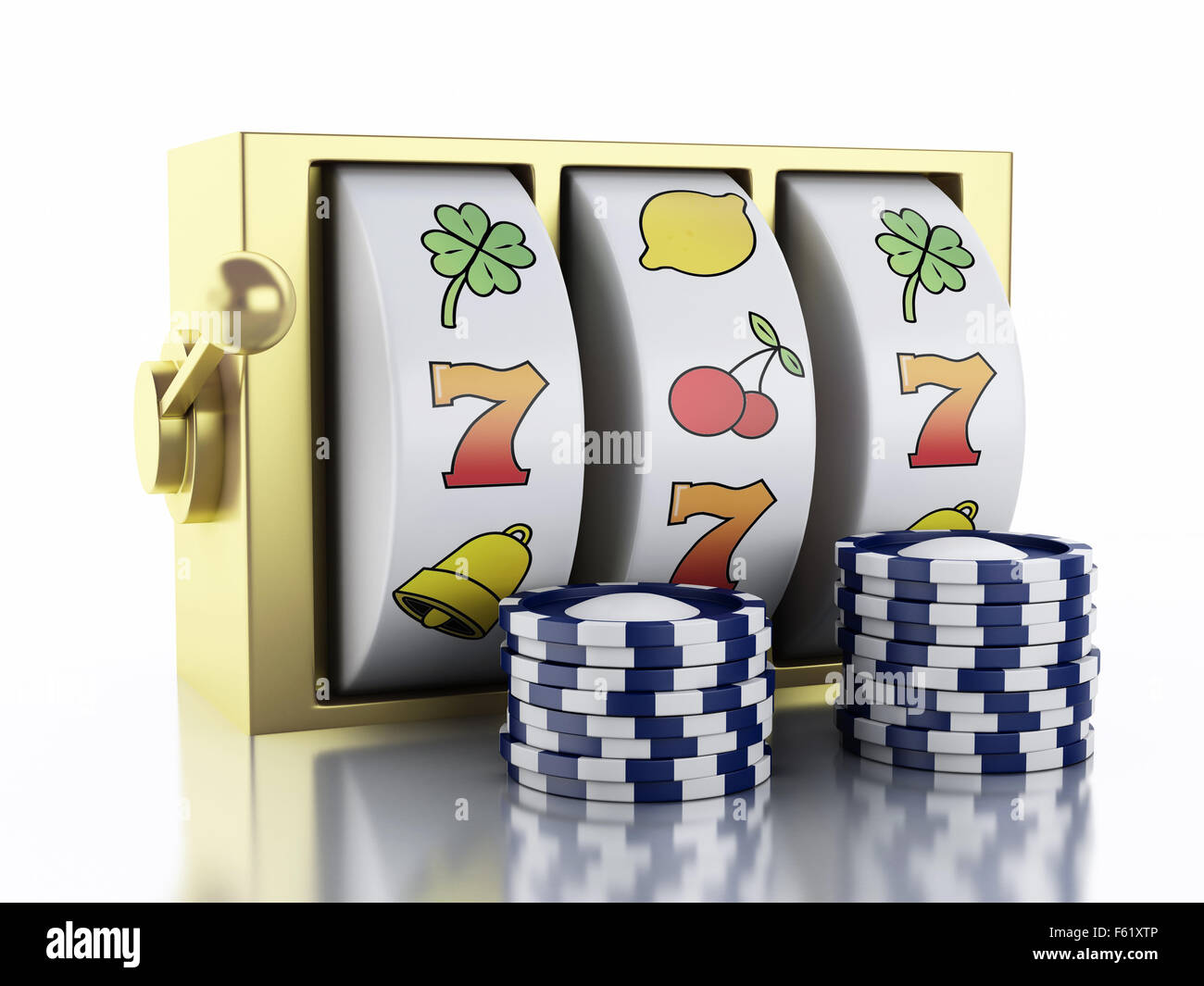 3D renderer illustrazione. Slot machine con chip. Concetto di casinò. Isolato sfondo bianco Foto Stock