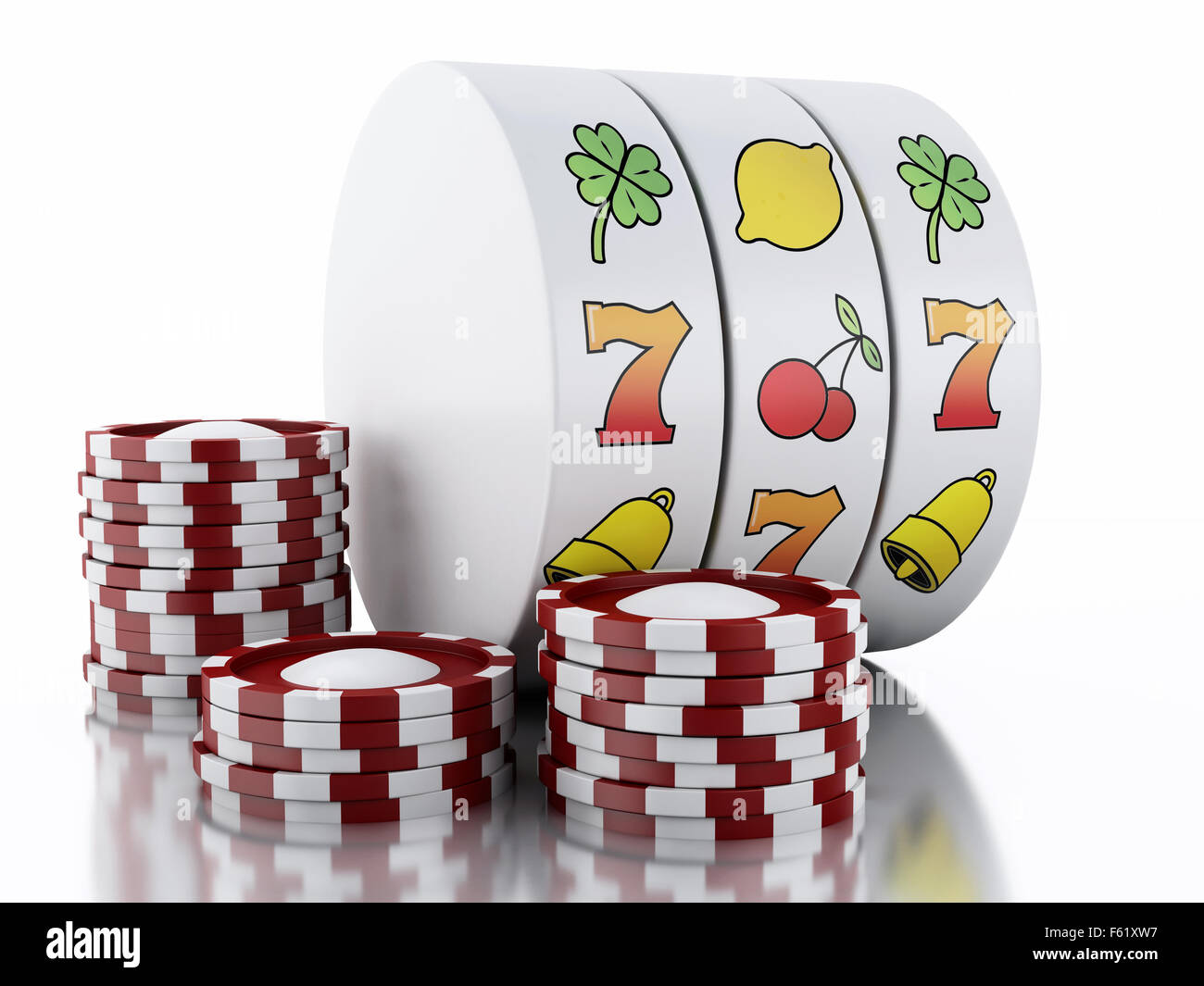 3D renderer illustrazione. Slot machine con chip. Concetto di casinò. Isolato sfondo bianco Foto Stock