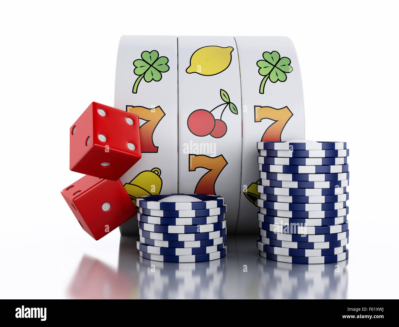3D renderer illustrazione. Slot machine con chip e dadi. Concetto di casinò. Isolato sfondo bianco Foto Stock