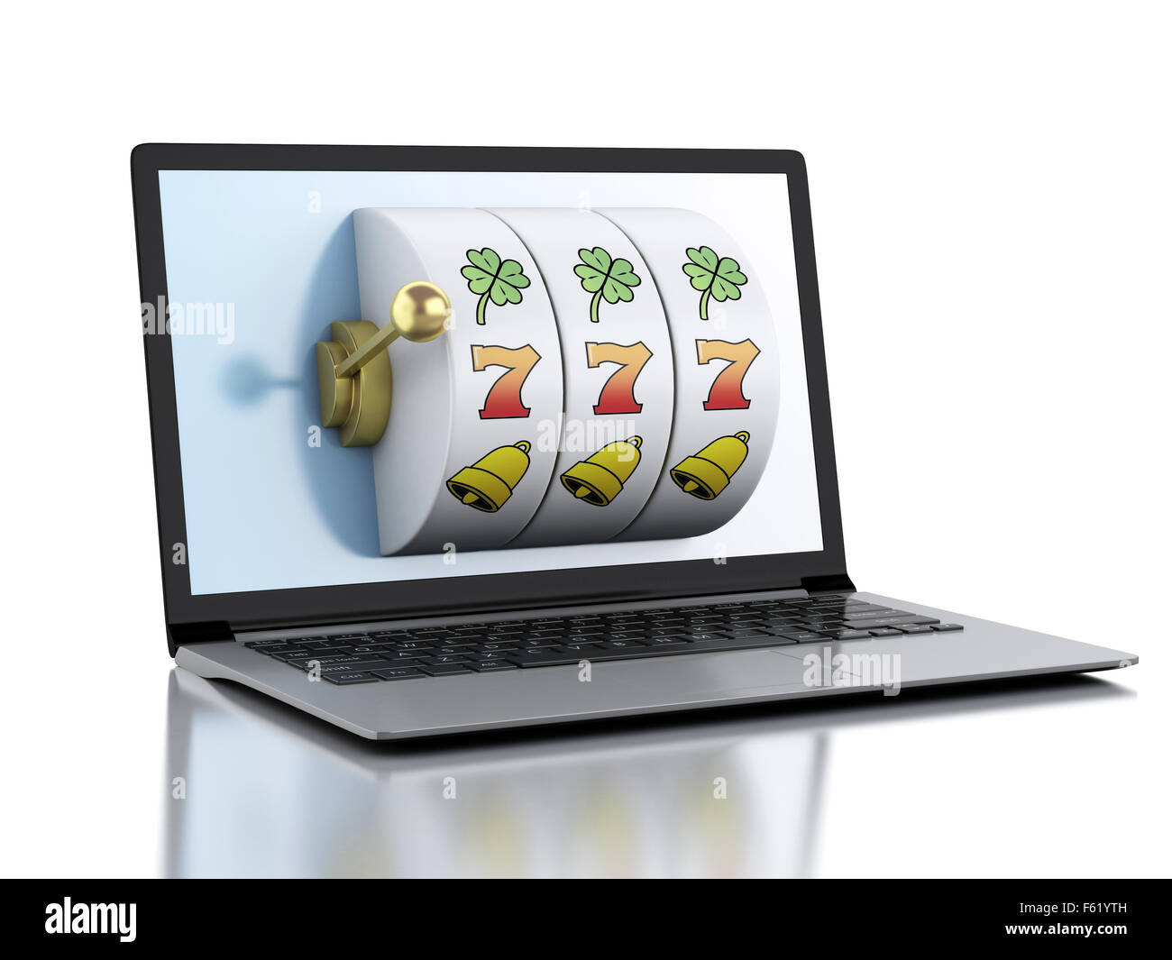 3D render illustrazione. Per notebook con slot machine. Casino Giochi online concetto. Isolato sfondo bianco Foto Stock