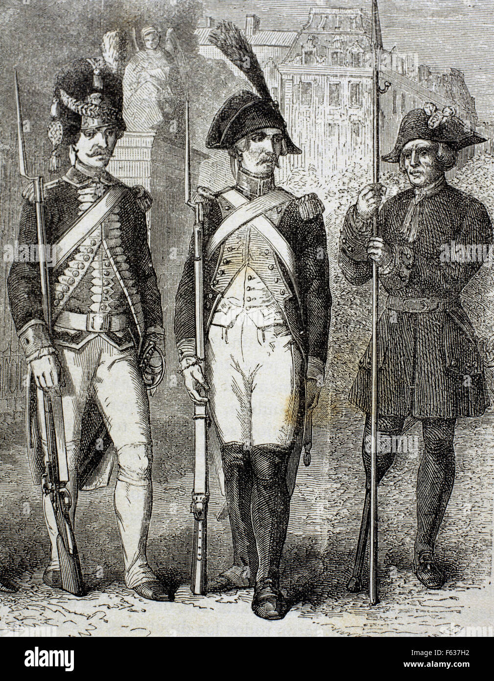 La Francia. Guardia della Convenzione Nazionale (centro), francese Grenadier Guard (sinistra) e paralizzati (a destra). Incisione del XIX secolo. Foto Stock