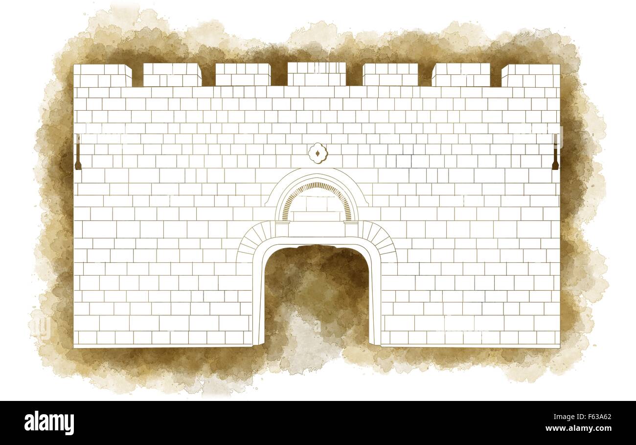 Illustrazione di sterco di gate, una delle otto porte nelle mura della Città Vecchia di Gerusalemme, Israele Foto Stock