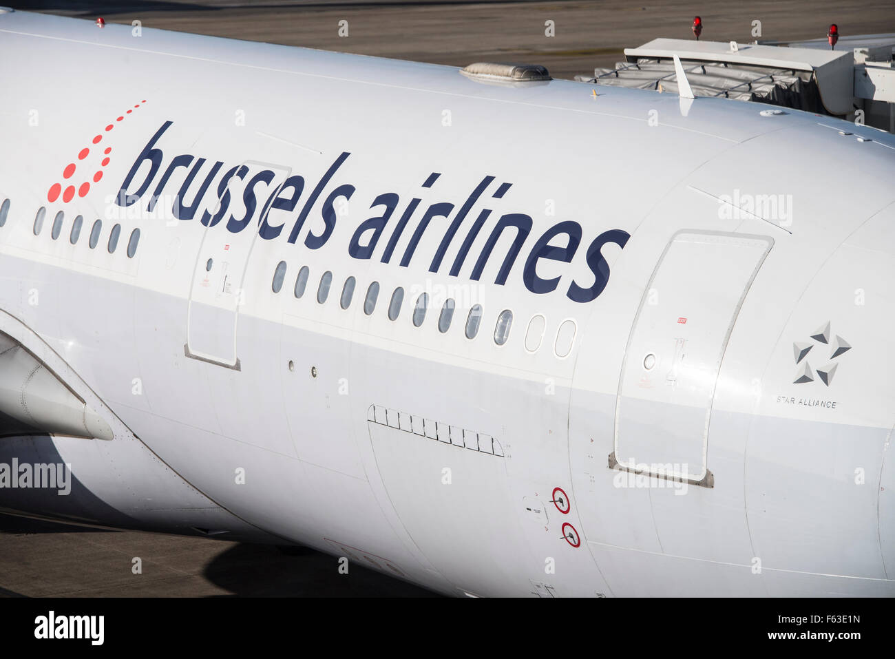 Il logo di Brussels Airlines su Airbus A330-223 con registrazione OO-SFY all'aeroporto di Bruxelles Foto Stock