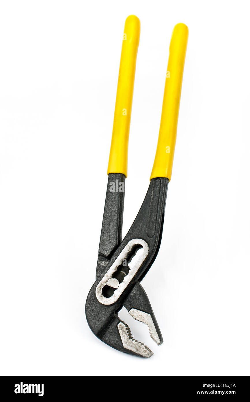 Chiave regolabile con un manico giallo isolato su bianco Foto Stock