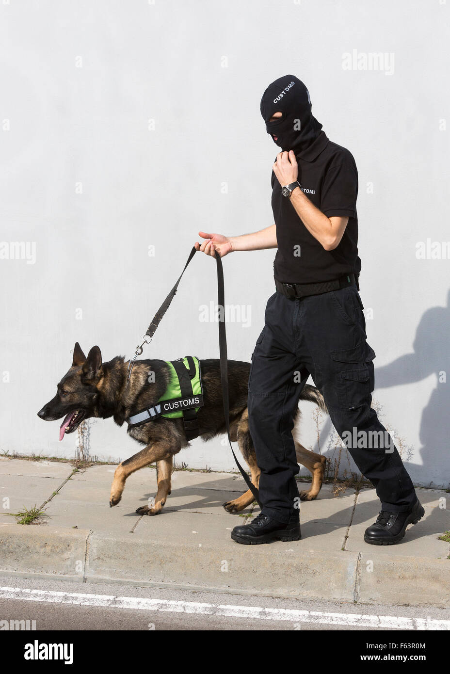 Funzionario doganale e il suo cane stanno partecipando a un corso di formazione per la rilevazione di droghe in Sofia's aeroporto. I cani sono addestrati per trovare Foto Stock